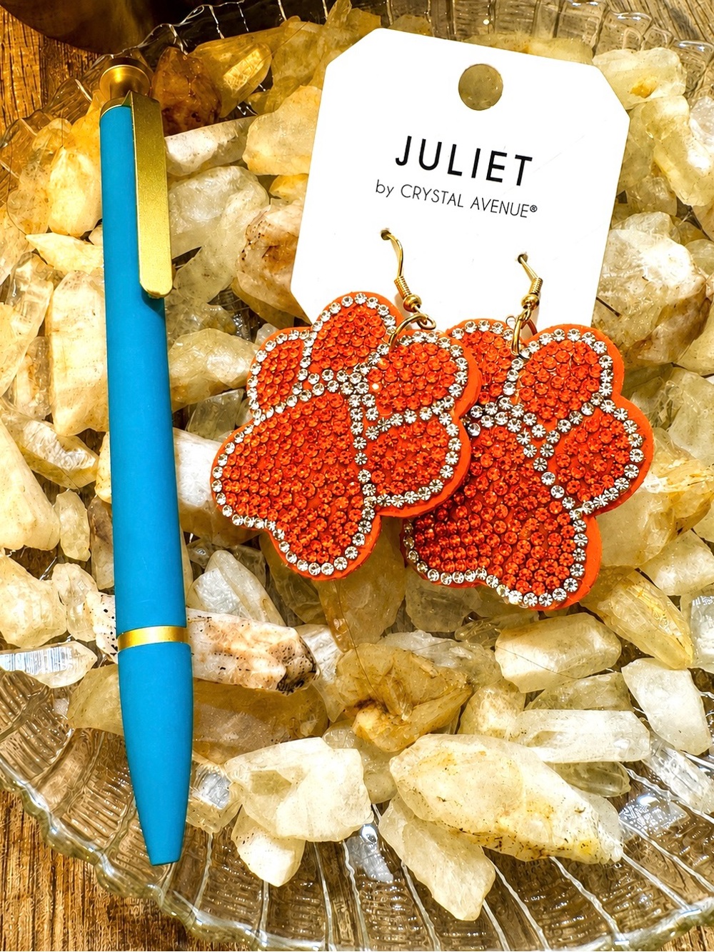 Orange Paw Print Crystal Drop Earrings